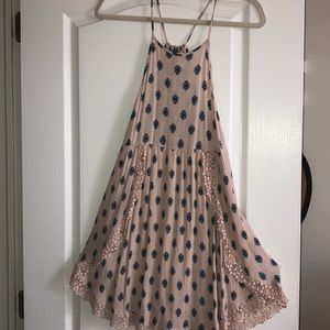 pink dress with blue floral print